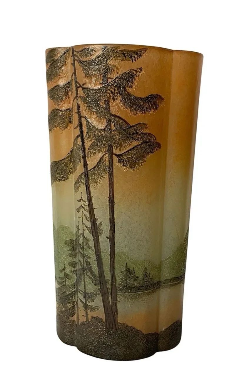 Legras French Cameo Art Glass Vase Woodland Scene 9” Antique 1900’s